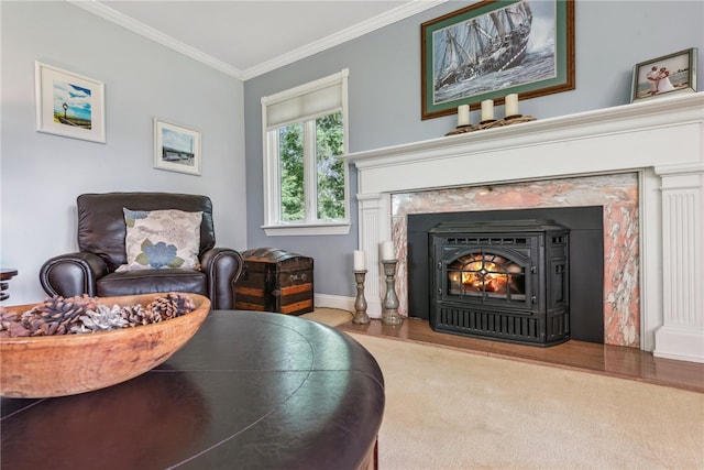 interior space with ornamental molding and a fireplace