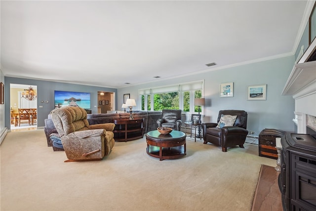 living room featuring crown molding, carpet flooring, and baseboard heating