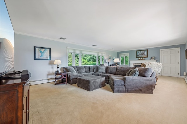 carpeted living room featuring ornamental molding and a baseboard radiator