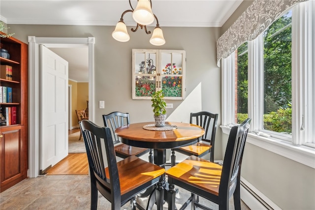 tiled dining space with crown molding, baseboard heating, plenty of natural light, and a notable chandelier