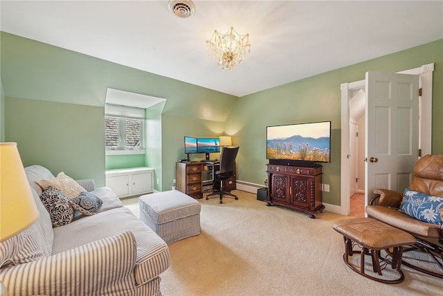 bedroom with a baseboard heating unit, an inviting chandelier, and carpet flooring