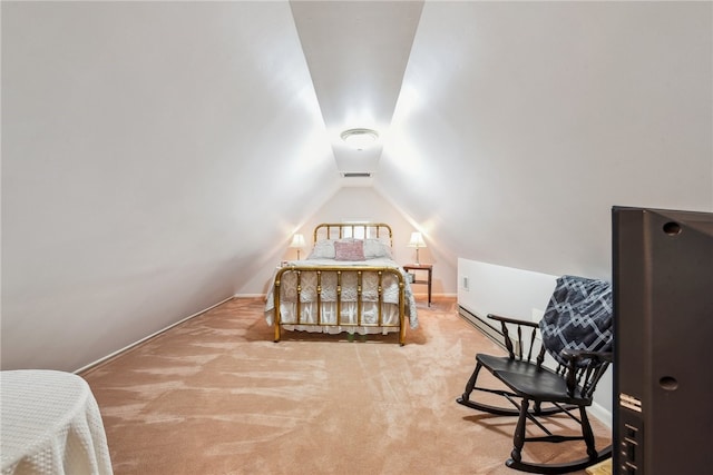 carpeted bedroom featuring vaulted ceiling