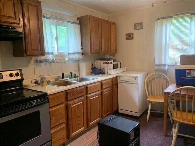 kitchen featuring under cabinet range hood, white appliances, brown cabinets, and ornamental molding