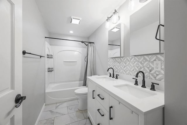 full bathroom with double vanity, tile flooring, tasteful backsplash, shower / bath combination with curtain, and toilet