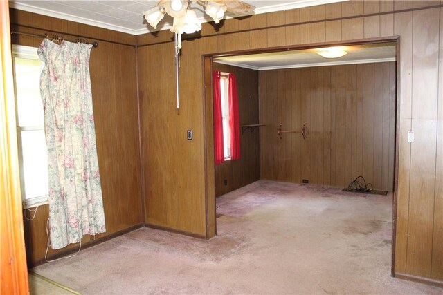 spare room featuring ceiling fan, carpet, ornamental molding, and wooden walls