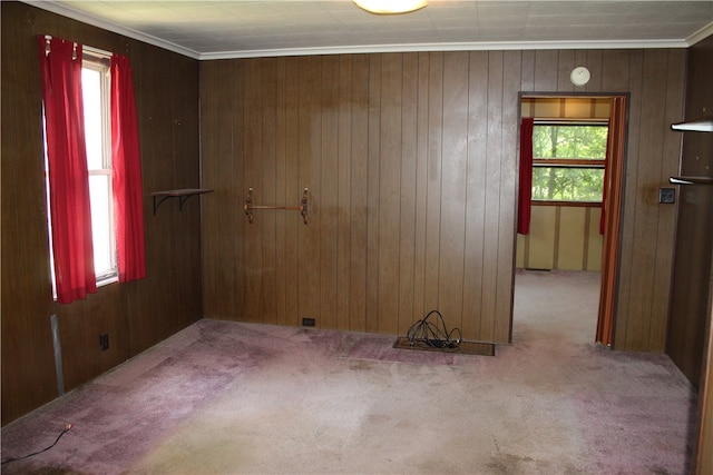 spare room featuring crown molding, carpet floors, and wood walls