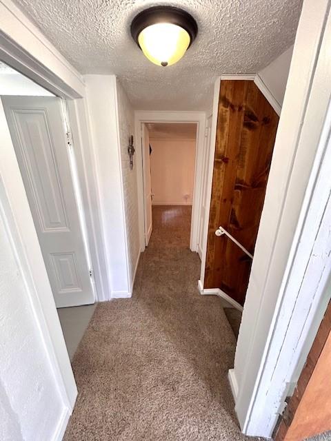 corridor with carpet floors and a textured ceiling