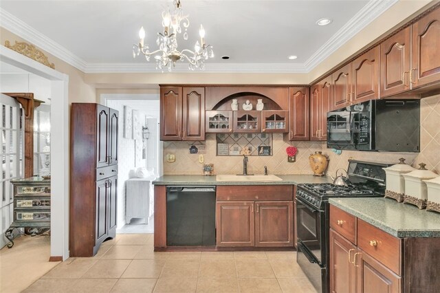 kitchen with black appliances, sink, light tile flooring, and a notable chandelier