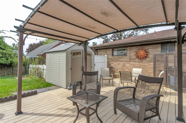 deck with a storage shed