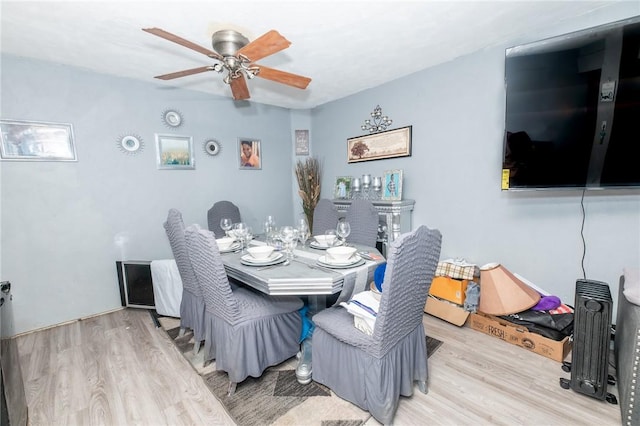 dining space featuring ceiling fan and light wood-type flooring