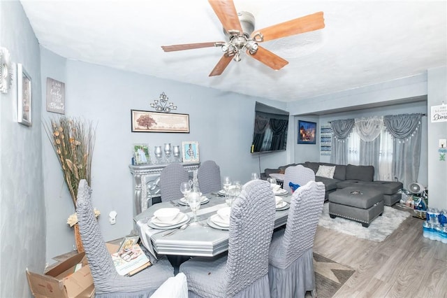 dining space featuring ceiling fan and light hardwood / wood-style flooring