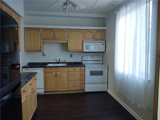 kitchen featuring dark hardwood / wood-style floors, white appliances, light brown cabinetry, sink, and ceiling fan