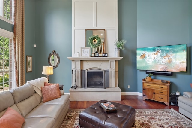 living room featuring a healthy amount of sunlight and dark hardwood / wood-style flooring