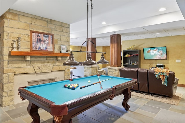 rec room featuring tile floors, a fireplace, and billiards