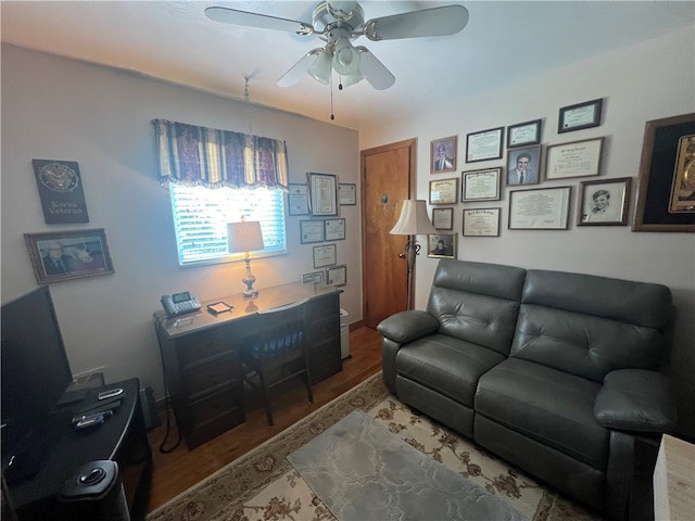 living room with ceiling fan and hardwood / wood-style floors