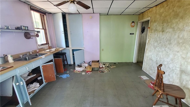 miscellaneous room with ceiling fan, a drop ceiling, and sink