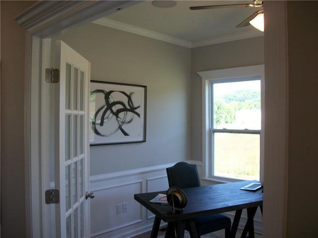 office area with crown molding and ceiling fan