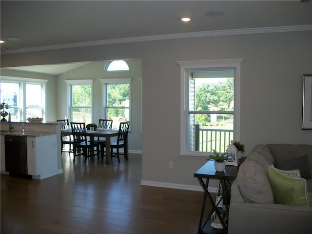 living room featuring crown molding and dark hardwood / wood-style flooring