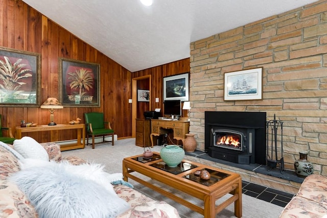 living room featuring lofted ceiling, carpet floors, and wood walls