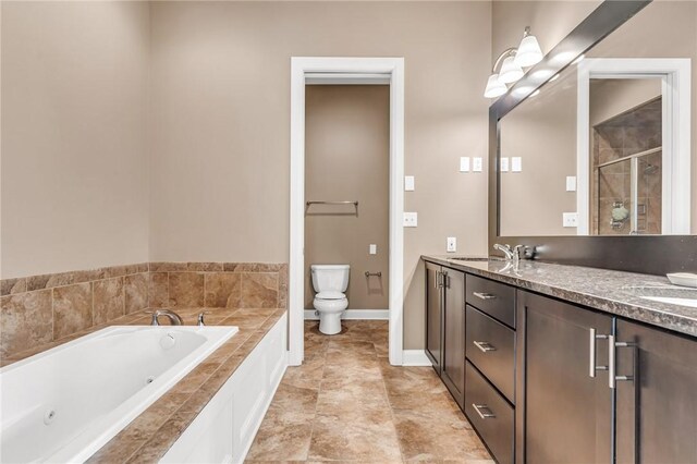 full bathroom with toilet, tile patterned floors, shower with separate bathtub, and dual bowl vanity