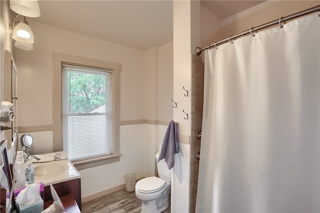 bathroom featuring vanity, toilet, and hardwood / wood-style flooring