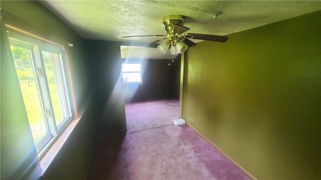 hall featuring light carpet and a textured ceiling