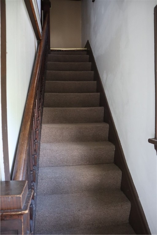 stairway featuring carpet flooring