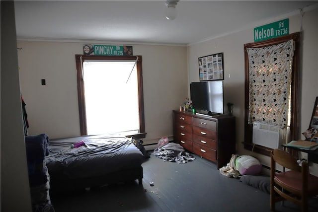 bedroom with wood-type flooring, multiple windows, and a baseboard radiator