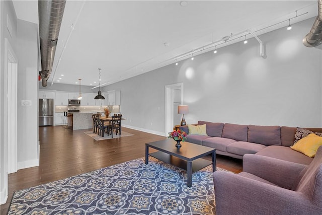 living room with dark hardwood / wood-style flooring and track lighting