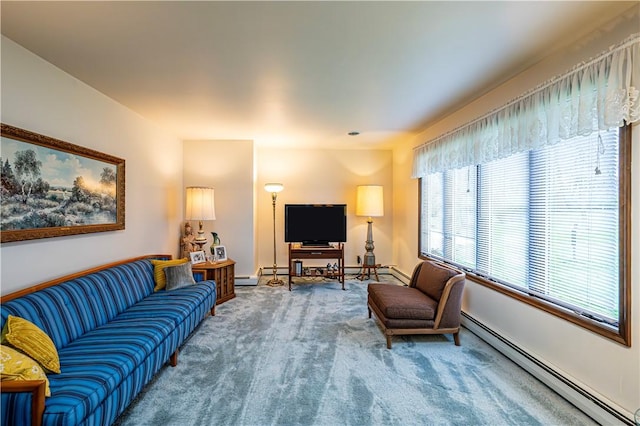 living room featuring carpet floors and a baseboard radiator