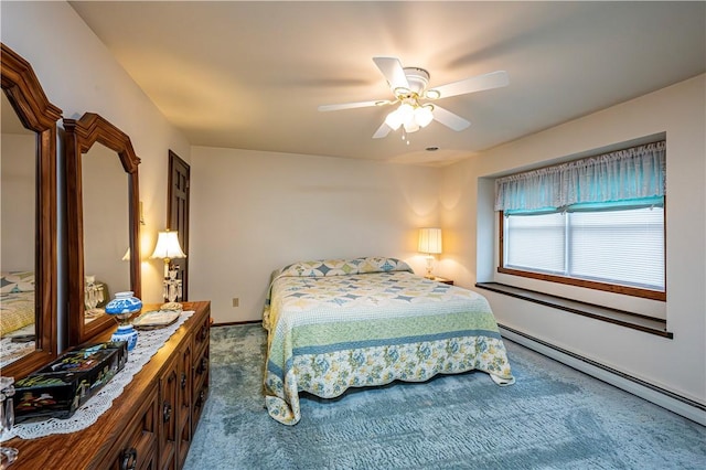 bedroom featuring ceiling fan, baseboard heating, and dark carpet