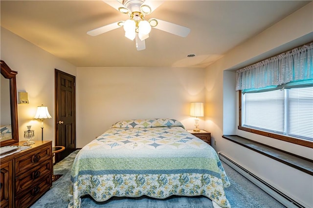 carpeted bedroom with ceiling fan and a baseboard radiator