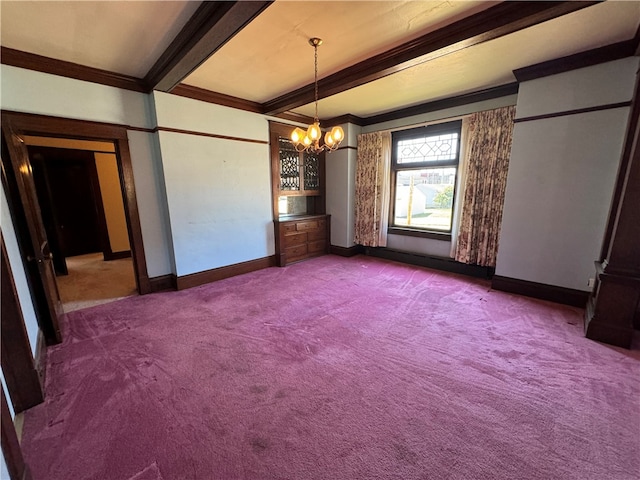 interior space featuring beam ceiling, an inviting chandelier, ornamental molding, and carpet flooring