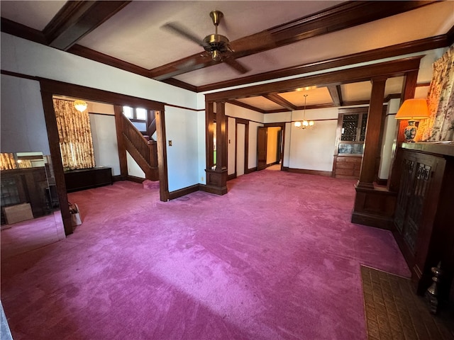 interior space featuring ceiling fan, ornate columns, and beamed ceiling