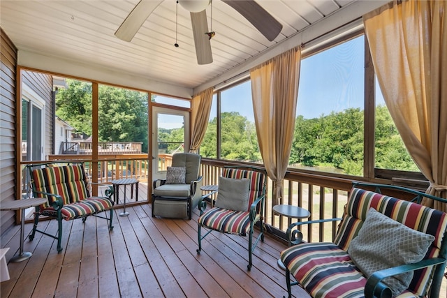 sunroom / solarium featuring wood ceiling and ceiling fan