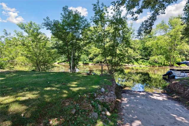 view of yard with a water view and a forest view