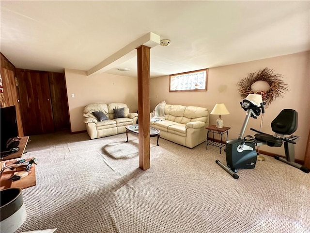 living room with wood walls and carpet