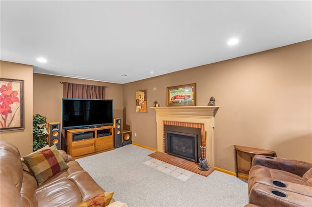 carpeted living room with a brick fireplace