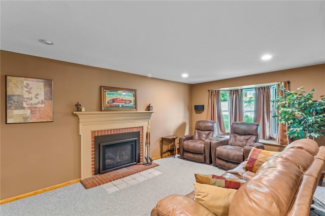 carpeted living room featuring a fireplace