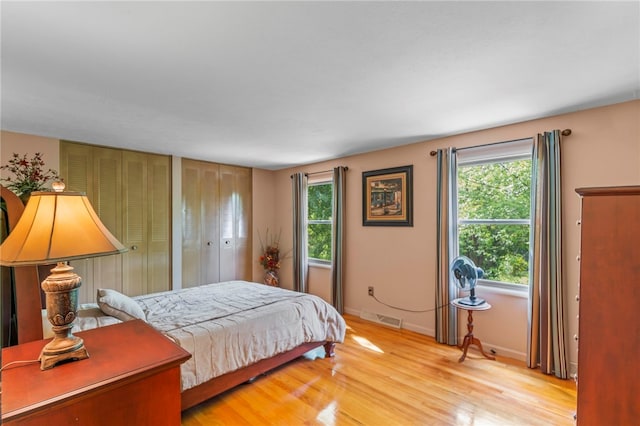 bedroom featuring light hardwood / wood-style floors and multiple windows