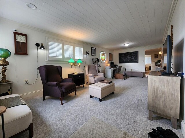 carpeted living room with crown molding