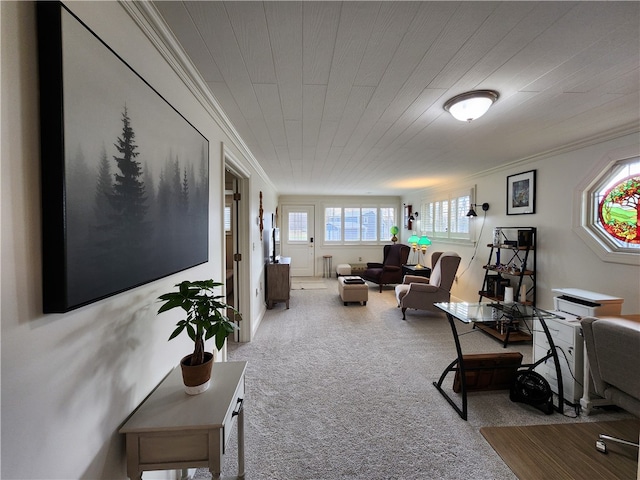 carpeted living room with crown molding