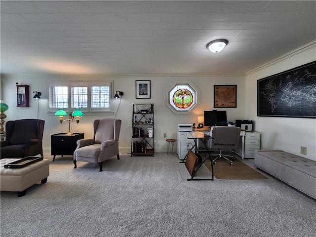 carpeted home office with ornamental molding