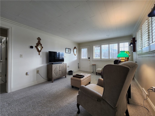 living room with carpet flooring and crown molding