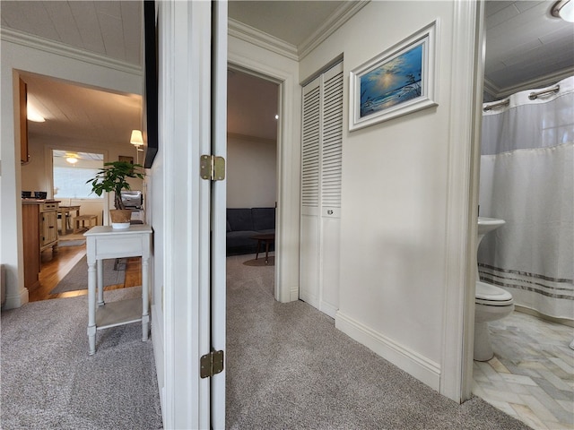 corridor featuring carpet flooring and ornamental molding