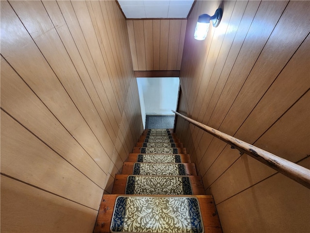 staircase with wood walls