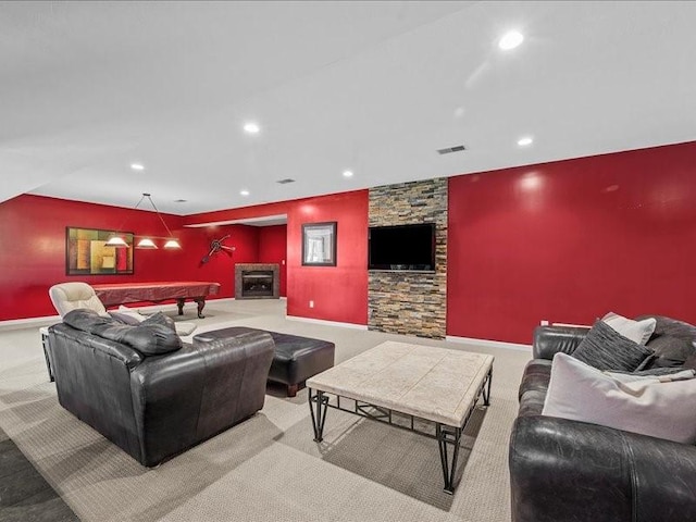 carpeted living room featuring pool table