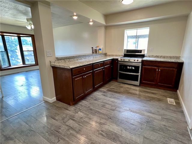 kitchen with ceiling fan, hardwood / wood-style flooring, a wealth of natural light, and stainless steel electric stove