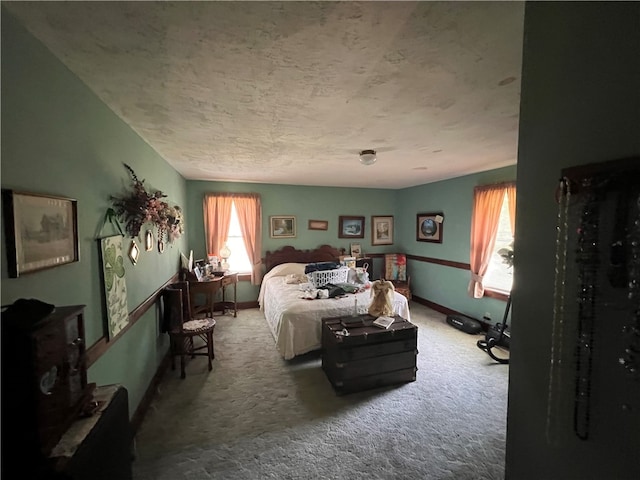 bedroom with carpet, a textured ceiling, and multiple windows