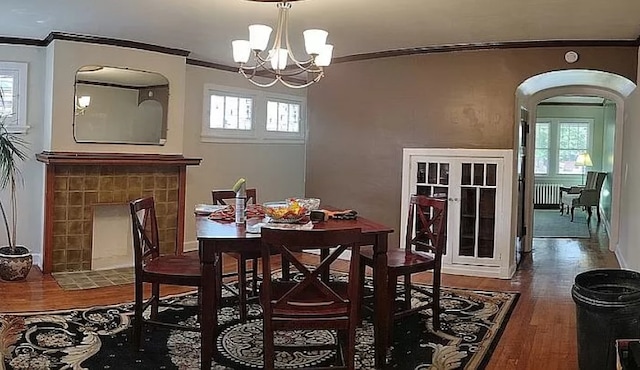 dining area featuring an inviting chandelier, radiator heating unit, hardwood / wood-style floors, and plenty of natural light